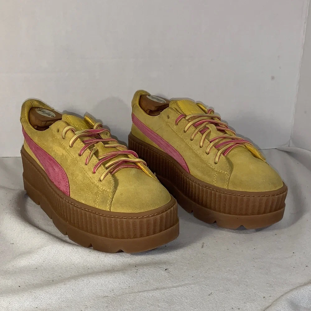 Puma Womens ‘Cleated Creeper’ Yellow Suede Platform Sneakers with Pink Stripe